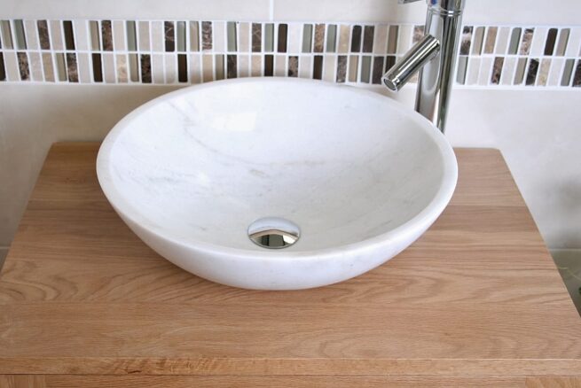 White Marble Basin on Oak Top Vanity Unit