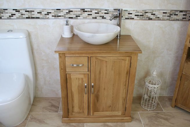 Marble Basin and Oak Top Vanity Unit with Storage