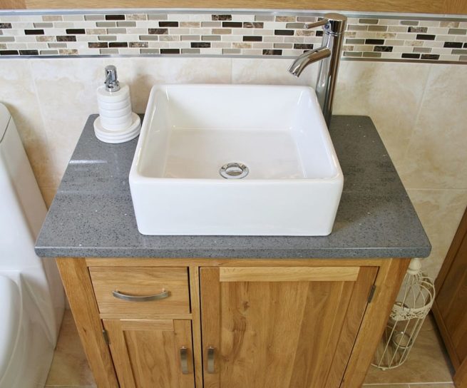 Square Ceramic White Bathroom Basin on Grey Quartz Top Vanity Unit