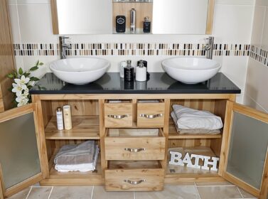 Stunning Bathrooms and More Black Quartz Top and White Marble Basins